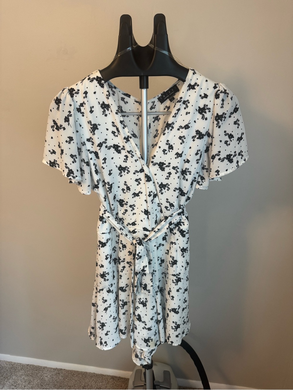 White and Black Floral Wrap Romper with Tie Waist